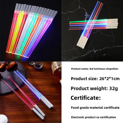 Collage of LED luminous chopsticks with product details on a dark background