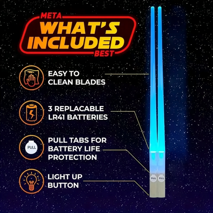 Product features with glowing blue blade on a starry space-themed background