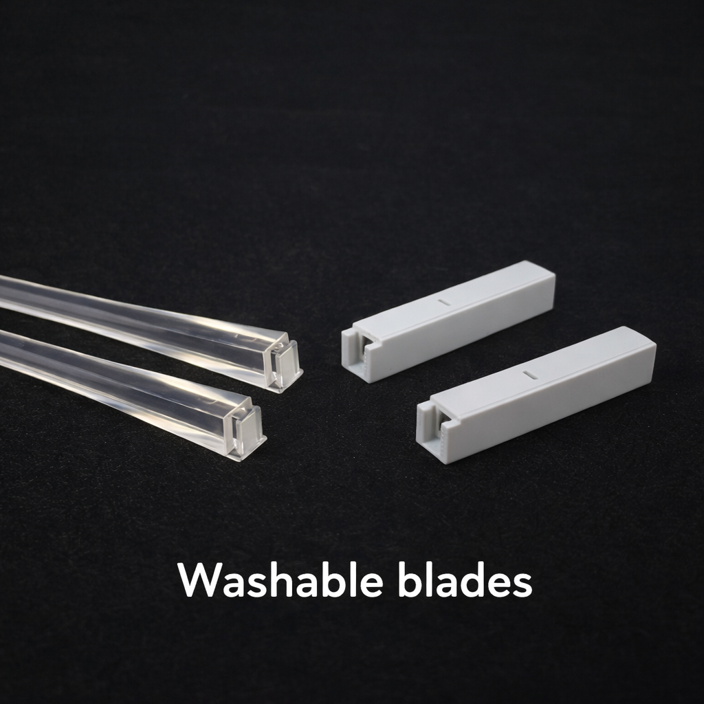 Washable blades on a black background with text 'Washable blades'.