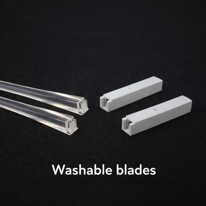 Washable blades on a black background with text 'Washable blades'.
